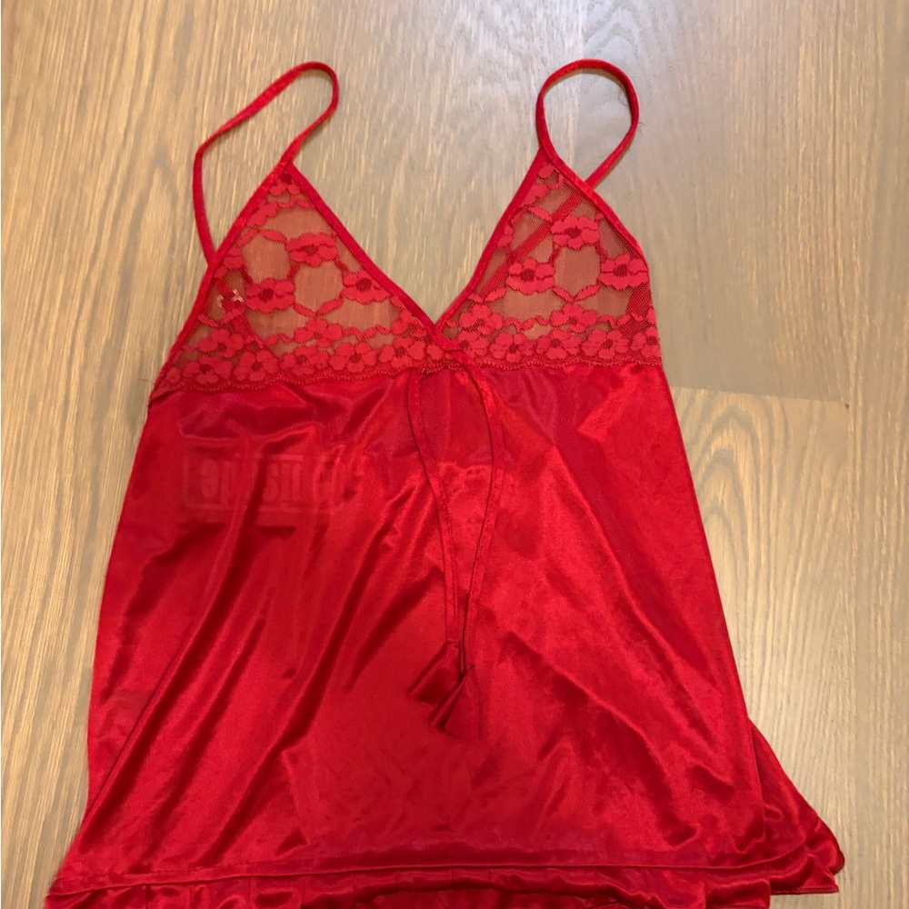 Lace-Trim Satin Chemise in Red
